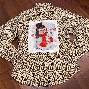 Leopard Print Button Down Shirt with Snowman Design